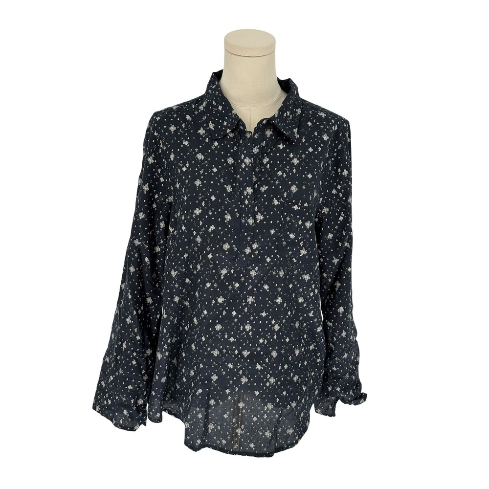 Aventura Button Down Shirt Navy Blue Floral Print Eco Tencel Long Sleeve Medium